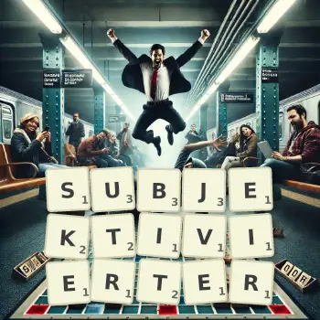 Kreative Illustration für ein Scrabble-Spiel, bei dem das Wort SUBJEKTIVIERTER mit Steinen auf dem Brett gelegt wurde.