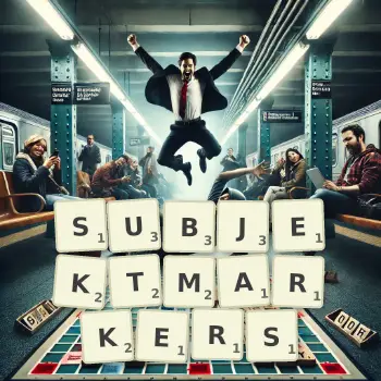 Kreative Illustration für ein Scrabble-Spiel, bei dem das Wort SUBJEKTMARKERS mit Steinen auf dem Brett gelegt wurde.