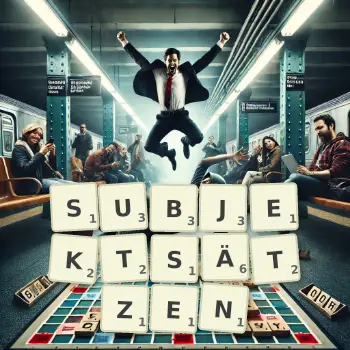 Kreative Illustration für ein Scrabble-Spiel, bei dem das Wort SUBJEKTSÄTZEN mit Steinen auf dem Brett gelegt wurde.