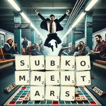 Kreative Illustration für ein Scrabble-Spiel, bei dem das Wort SUBKOMMENTARS mit Steinen auf dem Brett gelegt wurde.
