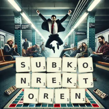 Kreative Illustration für ein Scrabble-Spiel, bei dem das Wort SUBKONREKTOREN mit Steinen auf dem Brett gelegt wurde.