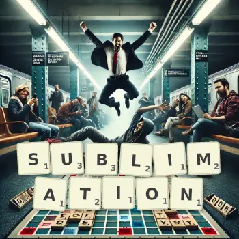 Kreative Illustration für ein Scrabble-Spiel, bei dem das Wort SUBLIMATION mit Steinen auf dem Brett gelegt wurde.