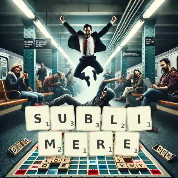 Kreative Illustration für ein Scrabble-Spiel, bei dem das Wort SUBLIMERE mit Steinen auf dem Brett gelegt wurde.