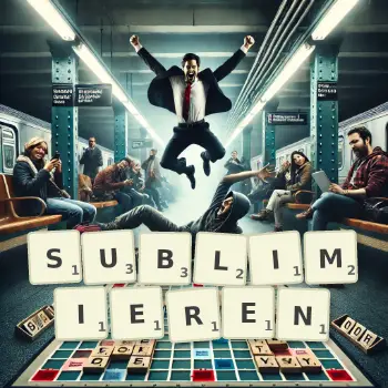 Kreative Illustration für ein Scrabble-Spiel, bei dem das Wort SUBLIMIEREN mit Steinen auf dem Brett gelegt wurde.