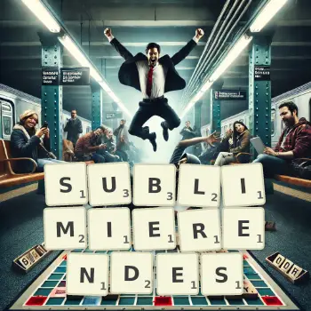 Kreative Illustration für ein Scrabble-Spiel, bei dem das Wort SUBLIMIERENDES mit Steinen auf dem Brett gelegt wurde.