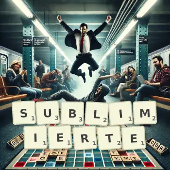 Kreative Illustration für ein Scrabble-Spiel, bei dem das Wort SUBLIMIERTE mit Steinen auf dem Brett gelegt wurde.