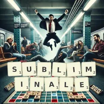 Kreative Illustration für ein Scrabble-Spiel, bei dem das Wort SUBLIMINALE mit Steinen auf dem Brett gelegt wurde.