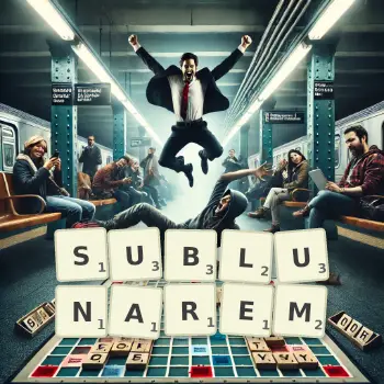 Kreative Illustration für ein Scrabble-Spiel, bei dem das Wort SUBLUNAREM mit Steinen auf dem Brett gelegt wurde.