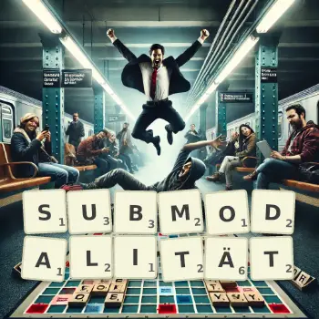 Kreative Illustration für ein Scrabble-Spiel, bei dem das Wort SUBMODALITÄT mit Steinen auf dem Brett gelegt wurde.