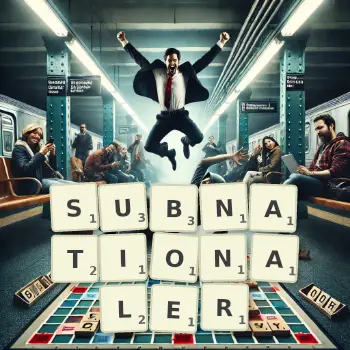 Kreative Illustration für ein Scrabble-Spiel, bei dem das Wort SUBNATIONALER mit Steinen auf dem Brett gelegt wurde.