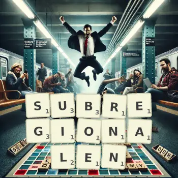 Kreative Illustration für ein Scrabble-Spiel, bei dem das Wort SUBREGIONALEN mit Steinen auf dem Brett gelegt wurde.