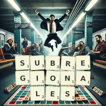 Kreative Illustration für ein Scrabble-Spiel, bei dem das Wort SUBREGIONALES mit Steinen auf dem Brett gelegt wurde.