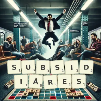 Kreative Illustration für ein Scrabble-Spiel, bei dem das Wort SUBSIDIÄRES mit Steinen auf dem Brett gelegt wurde.