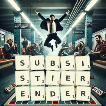 Kreative Illustration für ein Scrabble-Spiel, bei dem das Wort SUBSISTIERENDER mit Steinen auf dem Brett gelegt wurde.