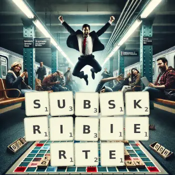 Kreative Illustration für ein Scrabble-Spiel, bei dem das Wort SUBSKRIBIERTE mit Steinen auf dem Brett gelegt wurde.