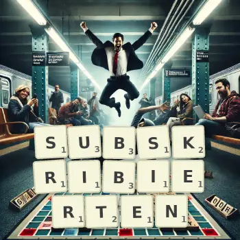 Kreative Illustration für ein Scrabble-Spiel, bei dem das Wort SUBSKRIBIERTEN mit Steinen auf dem Brett gelegt wurde.
