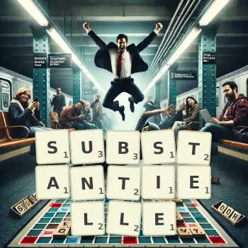 Kreative Illustration für ein Scrabble-Spiel, bei dem das Wort SUBSTANTIELLE mit Steinen auf dem Brett gelegt wurde.