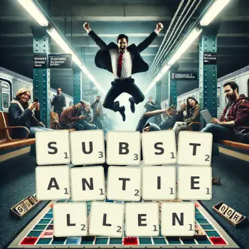 Kreative Illustration für ein Scrabble-Spiel, bei dem das Wort SUBSTANTIELLEN mit Steinen auf dem Brett gelegt wurde.