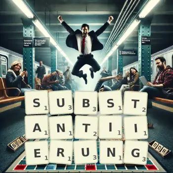 Kreative Illustration für ein Scrabble-Spiel, bei dem das Wort SUBSTANTIIERUNG mit Steinen auf dem Brett gelegt wurde.