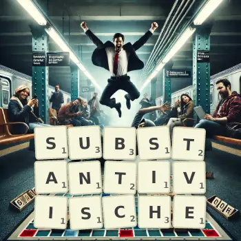 Kreative Illustration für ein Scrabble-Spiel, bei dem das Wort SUBSTANTIVISCHE mit Steinen auf dem Brett gelegt wurde.