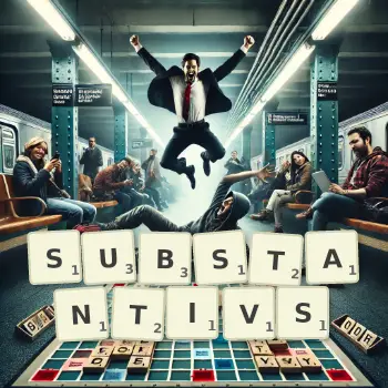 Kreative Illustration für ein Scrabble-Spiel, bei dem das Wort SUBSTANTIVS mit Steinen auf dem Brett gelegt wurde.
