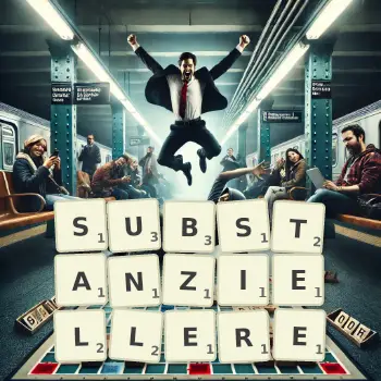 Kreative Illustration für ein Scrabble-Spiel, bei dem das Wort SUBSTANZIELLERE mit Steinen auf dem Brett gelegt wurde.