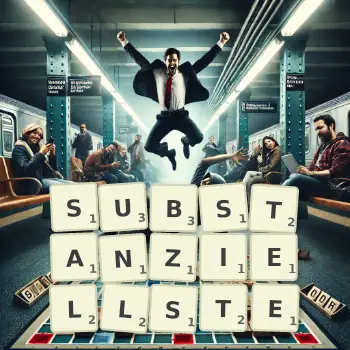 Kreative Illustration für ein Scrabble-Spiel, bei dem das Wort SUBSTANZIELLSTE mit Steinen auf dem Brett gelegt wurde.