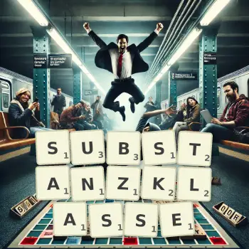 Kreative Illustration für ein Scrabble-Spiel, bei dem das Wort SUBSTANZKLASSE mit Steinen auf dem Brett gelegt wurde.