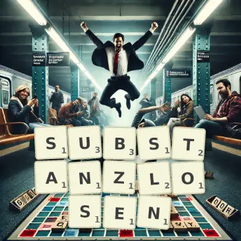 Kreative Illustration für ein Scrabble-Spiel, bei dem das Wort SUBSTANZLOSEN mit Steinen auf dem Brett gelegt wurde.