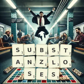 Kreative Illustration für ein Scrabble-Spiel, bei dem das Wort SUBSTANZLOSES mit Steinen auf dem Brett gelegt wurde.