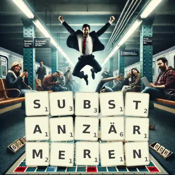 Kreative Illustration für ein Scrabble-Spiel, bei dem das Wort SUBSTANZÄRMEREN mit Steinen auf dem Brett gelegt wurde.