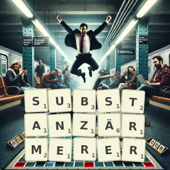 Kreative Illustration für ein Scrabble-Spiel, bei dem das Wort SUBSTANZÄRMERER mit Steinen auf dem Brett gelegt wurde.