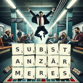 Kreative Illustration für ein Scrabble-Spiel, bei dem das Wort SUBSTANZÄRMERES mit Steinen auf dem Brett gelegt wurde.