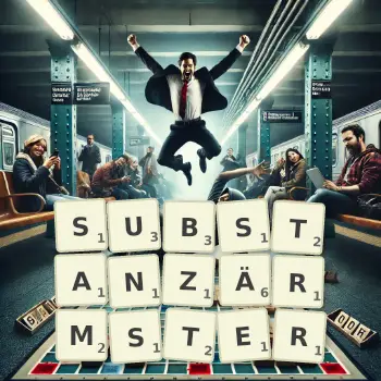 Kreative Illustration für ein Scrabble-Spiel, bei dem das Wort SUBSTANZÄRMSTER mit Steinen auf dem Brett gelegt wurde.