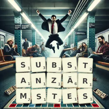 Kreative Illustration für ein Scrabble-Spiel, bei dem das Wort SUBSTANZÄRMSTES mit Steinen auf dem Brett gelegt wurde.