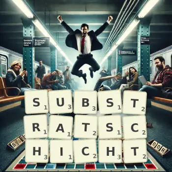 Kreative Illustration für ein Scrabble-Spiel, bei dem das Wort SUBSTRATSCHICHT mit Steinen auf dem Brett gelegt wurde.