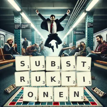 Kreative Illustration für ein Scrabble-Spiel, bei dem das Wort SUBSTRUKTIONEN mit Steinen auf dem Brett gelegt wurde.