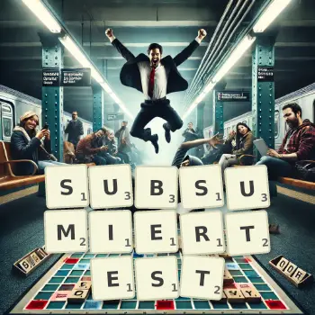 Kreative Illustration für ein Scrabble-Spiel, bei dem das Wort SUBSUMIERTEST mit Steinen auf dem Brett gelegt wurde.