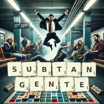 Kreative Illustration für ein Scrabble-Spiel, bei dem das Wort SUBTANGENTE mit Steinen auf dem Brett gelegt wurde.