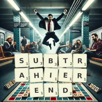 Kreative Illustration für ein Scrabble-Spiel, bei dem das Wort SUBTRAHIEREND mit Steinen auf dem Brett gelegt wurde.