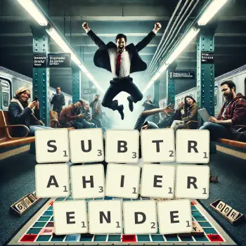 Kreative Illustration für ein Scrabble-Spiel, bei dem das Wort SUBTRAHIERENDE mit Steinen auf dem Brett gelegt wurde.