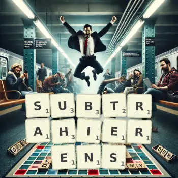 Kreative Illustration für ein Scrabble-Spiel, bei dem das Wort SUBTRAHIERENS mit Steinen auf dem Brett gelegt wurde.