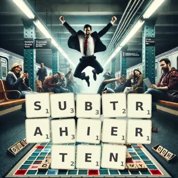 Kreative Illustration für ein Scrabble-Spiel, bei dem das Wort SUBTRAHIERTEN mit Steinen auf dem Brett gelegt wurde.