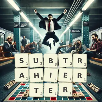Kreative Illustration für ein Scrabble-Spiel, bei dem das Wort SUBTRAHIERTER mit Steinen auf dem Brett gelegt wurde.