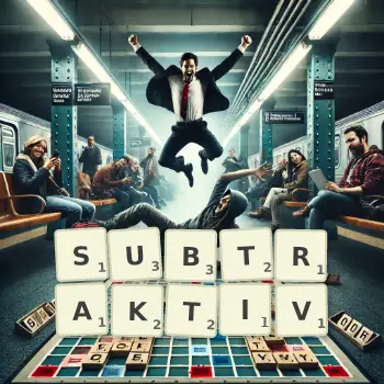 Kreative Illustration für ein Scrabble-Spiel, bei dem das Wort SUBTRAKTIV mit Steinen auf dem Brett gelegt wurde.