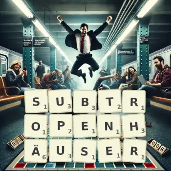Kreative Illustration für ein Scrabble-Spiel, bei dem das Wort SUBTROPENHÄUSER mit Steinen auf dem Brett gelegt wurde.