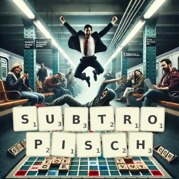 Kreative Illustration für ein Scrabble-Spiel, bei dem das Wort SUBTROPISCH mit Steinen auf dem Brett gelegt wurde.