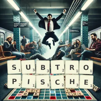 Kreative Illustration für ein Scrabble-Spiel, bei dem das Wort SUBTROPISCHE mit Steinen auf dem Brett gelegt wurde.