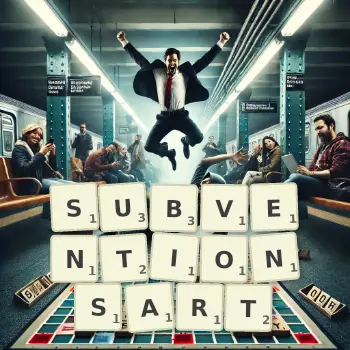 Kreative Illustration für ein Scrabble-Spiel, bei dem das Wort SUBVENTIONSART mit Steinen auf dem Brett gelegt wurde.