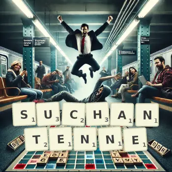 Kreative Illustration für ein Scrabble-Spiel, bei dem das Wort SUCHANTENNE mit Steinen auf dem Brett gelegt wurde.